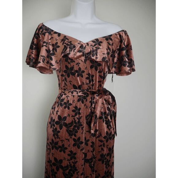 Unique Vintage mauve Sparkle & Black Floral Velvet Wide Leg Belted Jumpsuit XS - Picture 4 of 9
